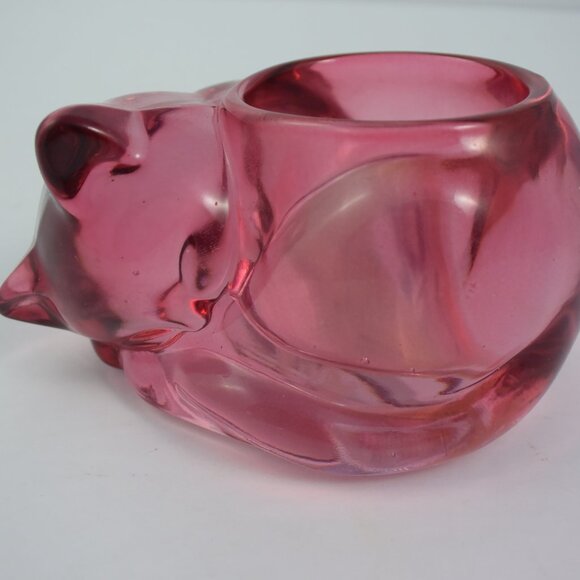 Vintage Indiana Glass Pink Cranberry Sleeping Cat Votive Tealight Holder EUC! - Picture 8 of 8